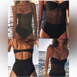 Zara Black Mesh One Piece Swimsuit